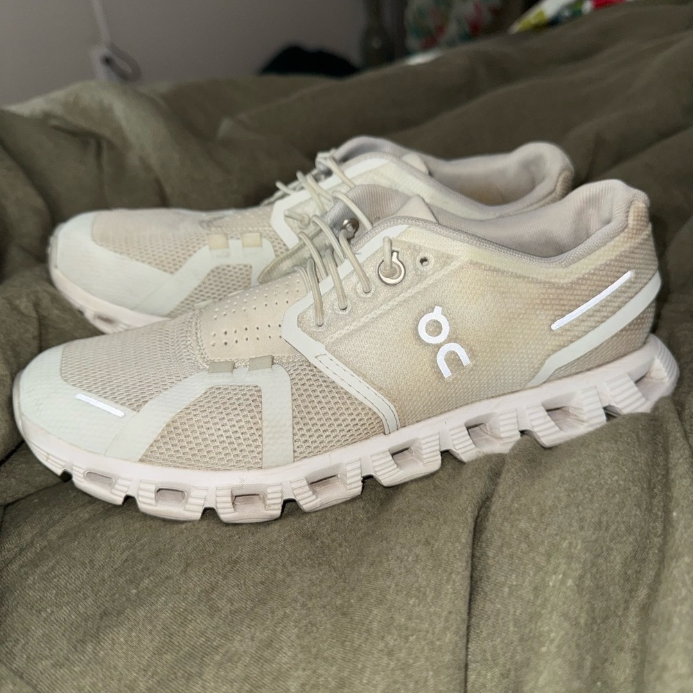 On Running Beige and White Sneakers